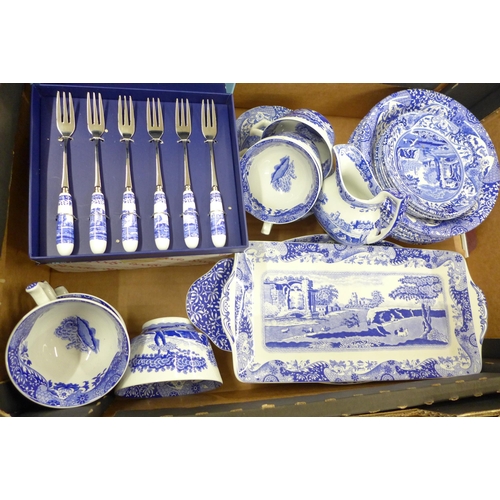 2338 - Three boxes of Copeland Spode Italian blue and white china, two teapots and coffee pots, a set of fo... 