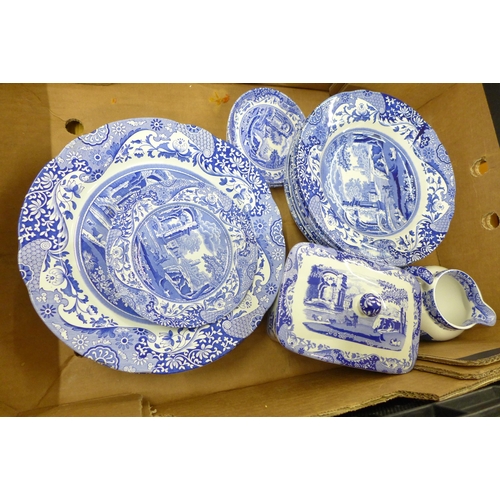 2338 - Three boxes of Copeland Spode Italian blue and white china, two teapots and coffee pots, a set of fo... 