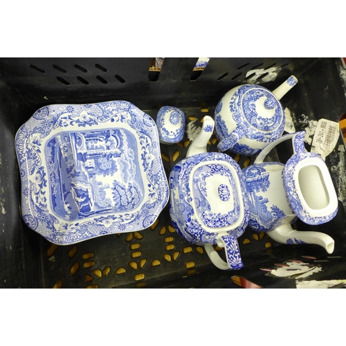 2338 - Three boxes of Copeland Spode Italian blue and white china, two teapots and coffee pots, a set of fo... 