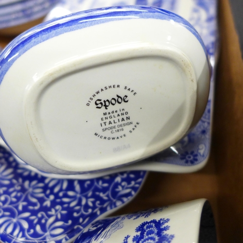 2338 - Three boxes of Copeland Spode Italian blue and white china, two teapots and coffee pots, a set of fo... 