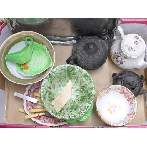 2340 - Two 19th century Wedgwood black basalt teapots, both a/f, cabbage leaf dishes and bowl, other mixed ... 