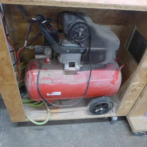 5134 - A Rhyas 230V, 50 litre air compressor with a wall/ceiling mountable auto retractable 30ft 3/8