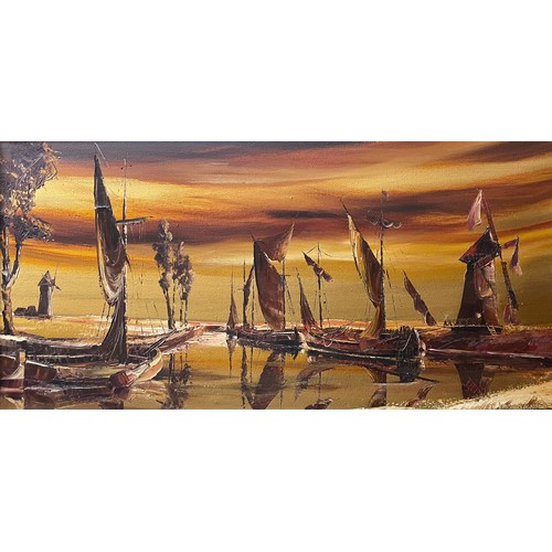 360 - Dutch School, harbour landscape with ships and windmills, acrylic on canvas, indistinctly signed, fr... 