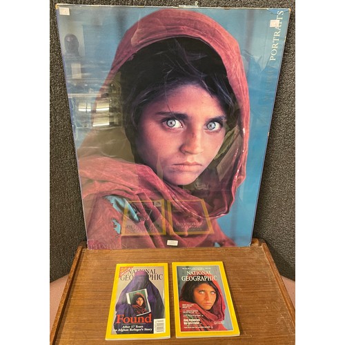 364 - A Steve McCurry poster, Sharbat Gula, Afghan Girl, Pakistan, 1984, poster and two associated Nationa... 