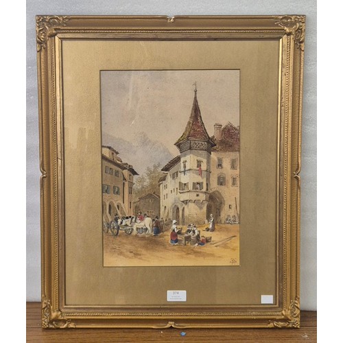 374 - Continental School, Alpine village scene, watercolour, indistinctly signed and dated 1878, framed