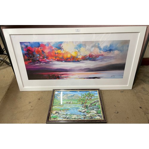 367 - A large abstract print and a countryside landscape, oil on paper, framed