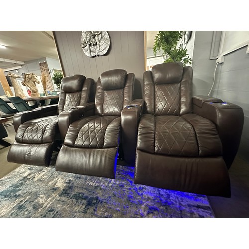 3016 - Tuscany 3 row brown leather electric reclining media chairs with adjustable head rests - (marked), o... 