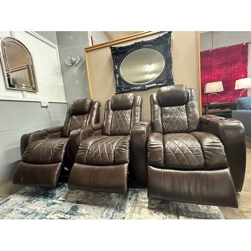 3017 - Tuscany 3 row brown leather electric reclining media chairs with adjustable head rests - (marked), o... 