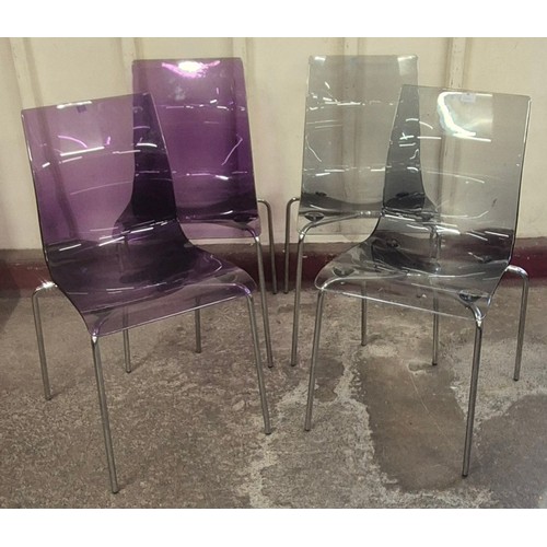 64 - A set of four Italian Roberto Foshia chrome and purple/clear Perspex Slimline stacking chairs