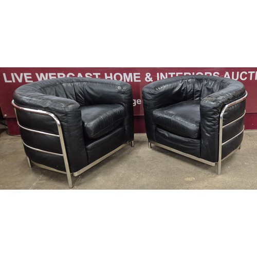 93 - A pair of Italian style chrome and black leather armchairs