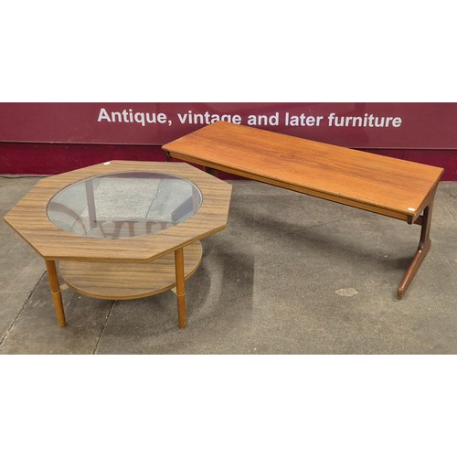 74 - A simulated teak and glass topped octagonal coffee table and a teak rectangular coffee table