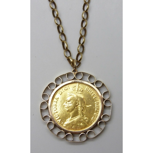 7002 - A 9ct gold mounted £2 Victorian 1887 gold coin on a 9ct gold belcher chain necklace, pendant 3.9cm, ... 