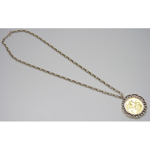 7002 - A 9ct gold mounted £2 Victorian 1887 gold coin on a 9ct gold belcher chain necklace, pendant 3.9cm, ... 