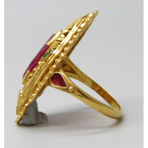 7005 - A 22ct gold ring set with enamel and a marquise ruby, marked 916, 6.6g, 3cm, M, some loss to enamel