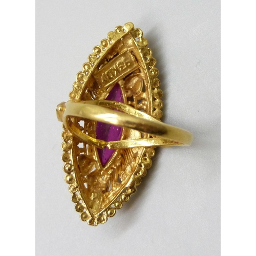 7005 - A 22ct gold ring set with enamel and a marquise ruby, marked 916, 6.6g, 3cm, M, some loss to enamel