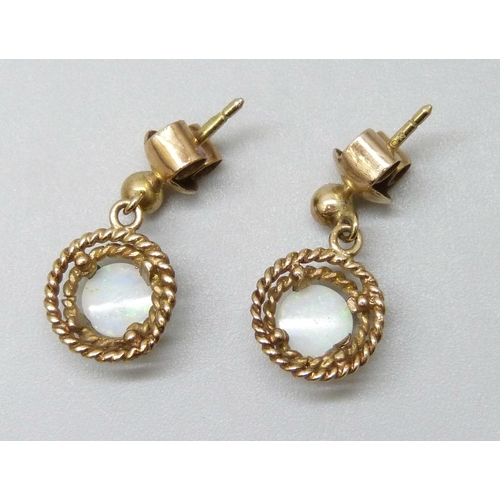 7011 - A pair of 9ct gold opal set drop earrings, 1.6g