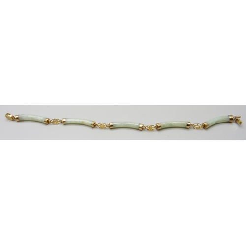 7020 - A Chinese 14ct gold and jade coloured stone bracelet, 10.5g, 19cm