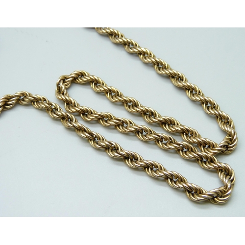 7025 - A 9ct yellow gold rope chain necklace, 17.9g, 67cm