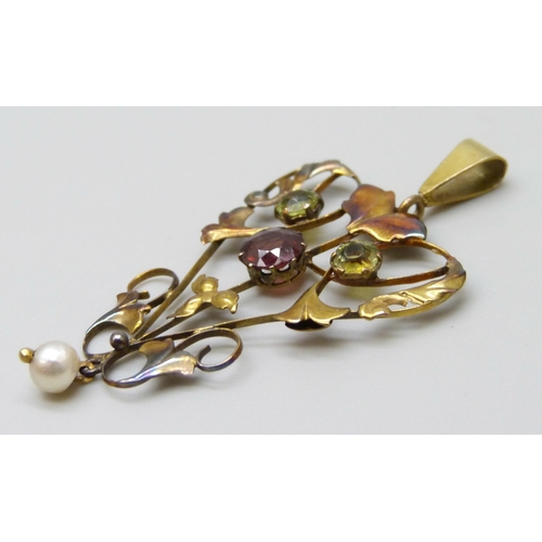 7027 - A 9ct gold Art Nouveau stone set pendant with pearl drop, 1.8g, 4.4cm including bale