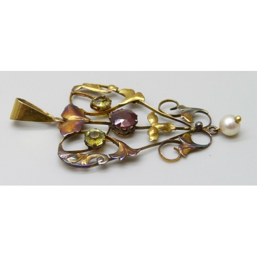 7027 - A 9ct gold Art Nouveau stone set pendant with pearl drop, 1.8g, 4.4cm including bale