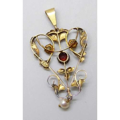 7027 - A 9ct gold Art Nouveau stone set pendant with pearl drop, 1.8g, 4.4cm including bale