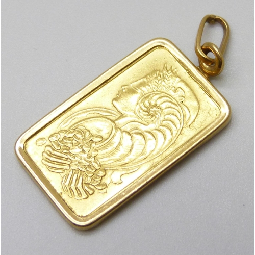 7031 - A yellow metal mounted Suisse 5g fine .999 gold ingot pendant, 5.9g, 3.1cm including bale