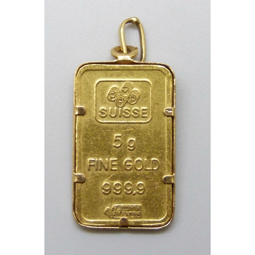 7031 - A yellow metal mounted Suisse 5g fine .999 gold ingot pendant, 5.9g, 3.1cm including bale