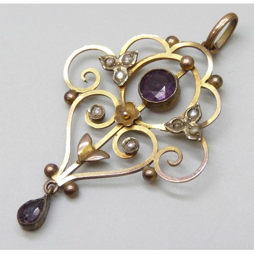 7036 - A 9ct gold stone set Art Nouveau drop pendant, 2.7g, 4.5cm including bale