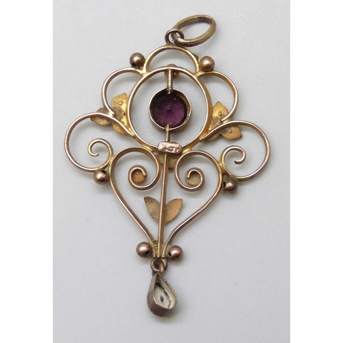 7036 - A 9ct gold stone set Art Nouveau drop pendant, 2.7g, 4.5cm including bale