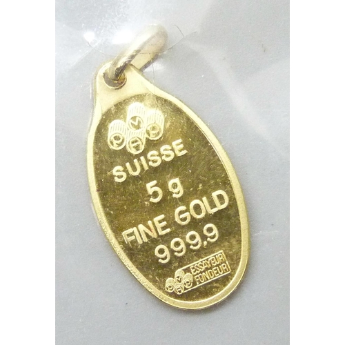 7048 - A Suisse 5g fine gold .999 ingot pendant, 18ct gold bale, 3cm including bale