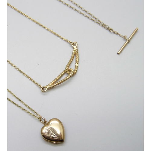 7056 - A 9ct gold necklace, a 9ct gold locket, a 9ct gold chain with a yellow metal t bar pendant (loop a/f... 