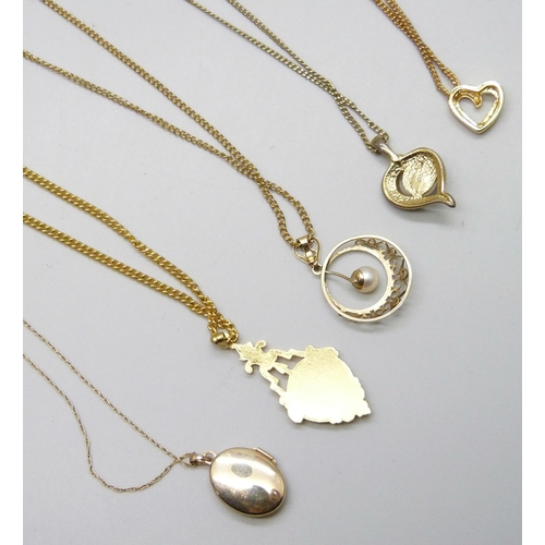 7069 - A 9ct gold pendant, 1.4g, a 9ct gold yellow metal locket on a 9ct gold chain, 1.8g, and a collection... 