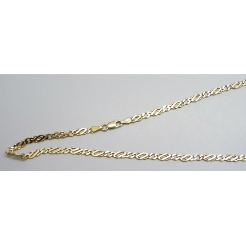 7073 - A 9ct gold Celtic knot design necklace with T bar pendant, 10.9g, 46cm