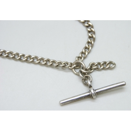 7121 - A silver curb link double Albert watch chain, each link marked, 30g, 40cm