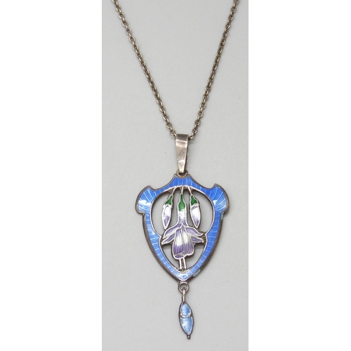 7131 - An Art Nouveau silver and enamel floral design pendant and chain, 5.7g, 5.2cm pendant including bale