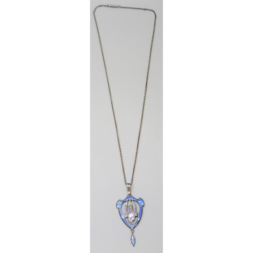 7131 - An Art Nouveau silver and enamel floral design pendant and chain, 5.7g, 5.2cm pendant including bale