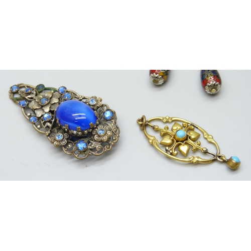 7149 - A gilt metal turquoise set pendant, a pair of Chinese cloisonne earrings, and a lapel clip