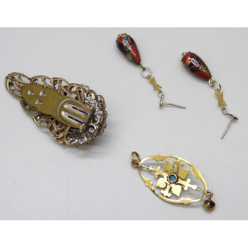 7149 - A gilt metal turquoise set pendant, a pair of Chinese cloisonne earrings, and a lapel clip