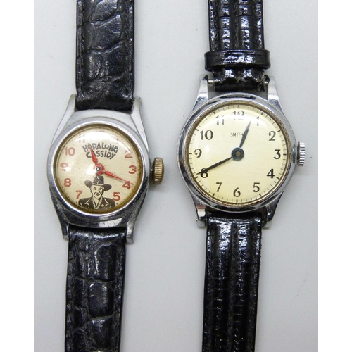 7185 - A Hopalong Cassidy Timex wristwatch, together with a Smiths watch