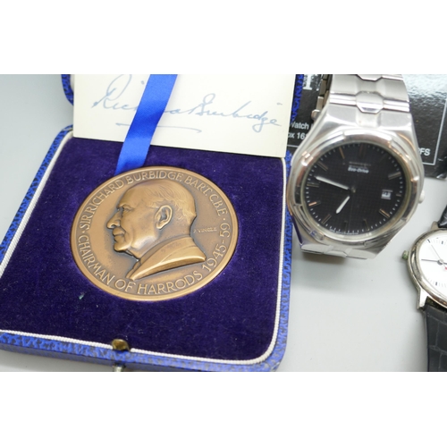 7190B - Five wristwatches including Limit, Citizen and a 9ct gold Rotary lady's wristwatch, also a medallion