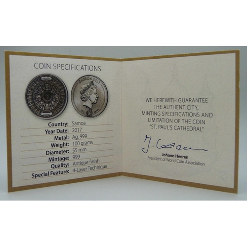 7192 - A .999 fine silver 2017 Samoa St Paul's Cathedral antique finish 100g commemorative medallion, cased... 