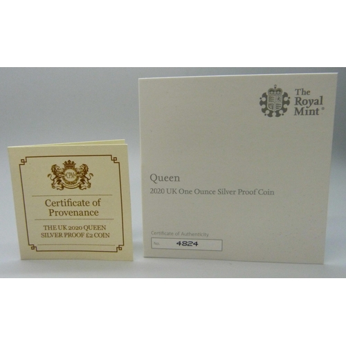 7194 - The Royal Mint Queen 2020 UK One Ounce silver proof .999 £2 coin, cased and with certificate