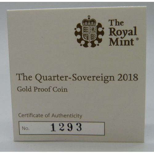 7195 - The Royal Mint The Quarter-Sovereign 2018 Gold Proof Coin No.1293, with certificate and box