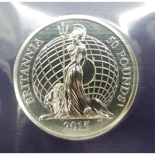 7205 - The Royal Mint Britannia 2015 £50 fine silver coin, first UK face value £50 coin, in original packag... 