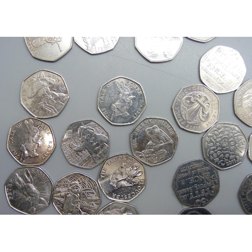 7207 - A collection of commemorative 50p coins including Olympics, Beatrix Potter (Peter Rabbit, Mr Jeremy ... 