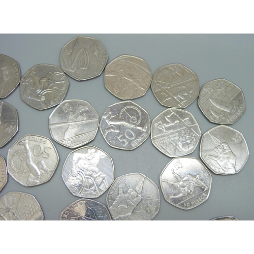 7207 - A collection of commemorative 50p coins including Olympics, Beatrix Potter (Peter Rabbit, Mr Jeremy ... 