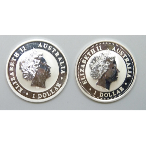 7212 - Two 1oz .999 fine silver Australian Kookaburra 1 dollar coins, 2005 and 2017