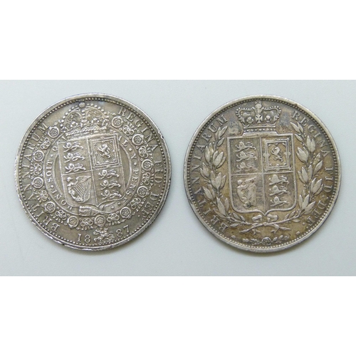 7217 - An 1883 silver half crown, and an 1887 Queen Victoria Jubilee head silver half crown