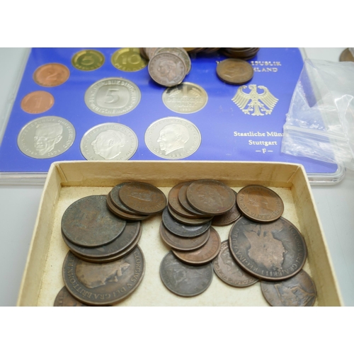 7225 - Coins; Canada six coin set, a German coin set, foreign coins and other coins, and two Chinese bank n... 