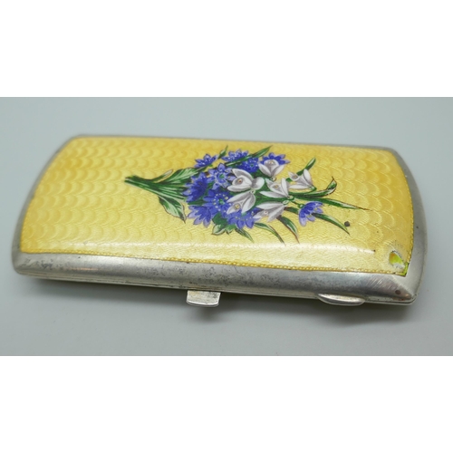 7245 - A .900 continental silver and guilloche enamel case with floral detail, enamel a/f, 77g, 8.8 x 4.2cm